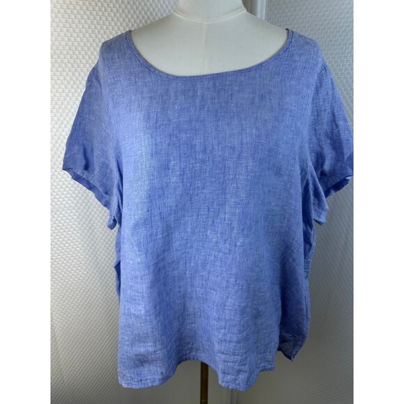 Tahari Tops - TAHARI Women's Blue Scoop Short Sleeve 100% Linen Tunic Top Shirt 1x